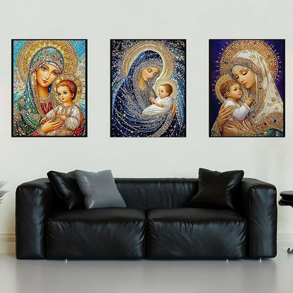 CHWGLFGG 5D Diamond Art Kits for Adults Beginners, 3 Pack Virgin Mary Diamond Painting Kits, DIY Full Round Drill Paint by Diamonds Dot Gem Art for Adults, Home Wall Decor 12x 16 Inch