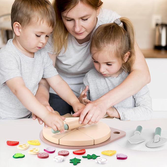 GAGAKU Wooden Pizza Toys for Kids 27Pcs Wood Cooking Toys Cutting Play Food Set for Toddlers Pretend Play Kitchen Accessories Toys for Toddlers Aged 3-8, for Boys and Girls