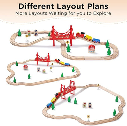 SainSmart Jr. Wooden Train Set - Interactive Police Playset for Kids | Building Toy with Train, Figures & Accessories | Compatible with Brio, Thomas, Melissa and Doug | Educational STEM Gift (Village)