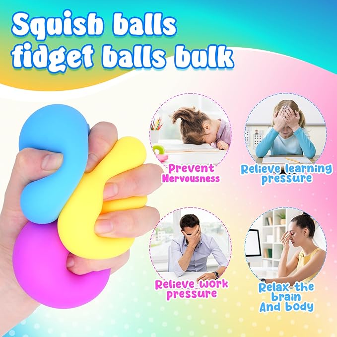 Squishy Stress Balls for Kids Adults: 18 Pack Stretchy Fidget Ball for Nervousness Stress Relief, Hand Therapy Sensory Squeeze Ball, Fidget Classroom Must Haves, Party Favors for Kids 3-12