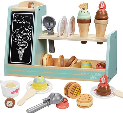 Giant bean Wooden Ice Cream, Coffee and Frozen Treat 3-in-1 Counter Playset, 25 PCS Toddler Pretend Play Kitchen Accessories, Kids Wooden Toys for 1+, Christmas Birthday Gift for Kids