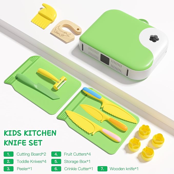 Kids Kitchen Knife Set for Real Cooking with Storage Box Green, Montessori Kitchen Toy with Cutting Board, Plastic Toddler Knives, Peeler, Wooden Safe Knife for Age 3 4 5 6 7 8