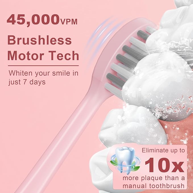 Electric Toothbrush for Adults and Kids, Sonic Electric Toothbrush, 4 Modes and 2 Minute Timer, 30000-45000VPM Power Toothbrush, IPX8, One Charge for 90 days 8 Replacement Head, Christmas Gift (Pink)