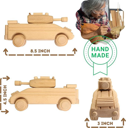 Handmade Wooden Toy Transporter, Paintable WW2 Army Car, Rotating Turret & Wheels, Children's Handcrafted Military Toy, Ideal for Boys, Decoration, Kids Play and Learning
