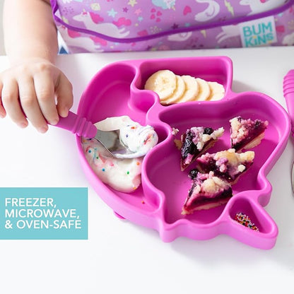 Bumkins Toddler and Baby Suction Plate, Silicone Divided Grip Dish, Babies and Kids, Baby Led Weaning, Children Feeding Supplies, Non Skid Sticky Bottom, Platinum Silicone, Ages 6 Months Up, Unicorn