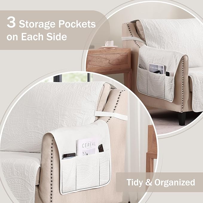 Quilted Sofa Slipcovers with Pockets, Anti-Slip Medallion Designed Couch Covers for 3 Cushion Sofa, Couch Cover for Dogs Cats Water-Repellent Machine Washable (Large Sofa 68", White)