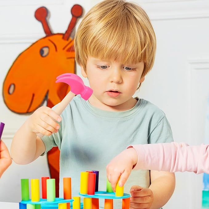 Fowecelt Wooden Hammer Toys Simulation Hammers Maintenance Tools Educational Toys for Kids Birthday Party Games Supplies (Pink)
