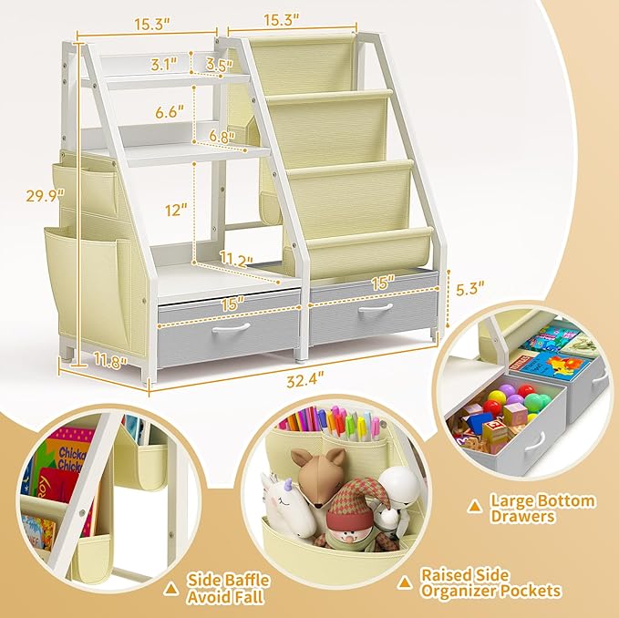 Twinkoo Kids Bookshelf and Toy Organizer, Sturdy 3 Tier Kid Bookcase, Sling Bookshelf and 2 Toy Bins, Toddler Montessori Book Shelf with Toy Storage Organizer for Children Room, Playroom, Nursery