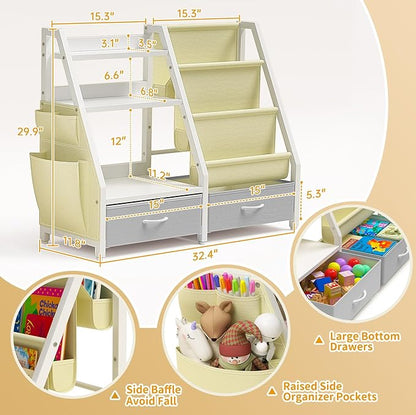 Twinkoo Kids Bookshelf and Toy Organizer, Sturdy 3 Tier Kid Bookcase, Sling Bookshelf and 2 Toy Bins, Toddler Montessori Book Shelf with Toy Storage Organizer for Children Room, Playroom, Nursery