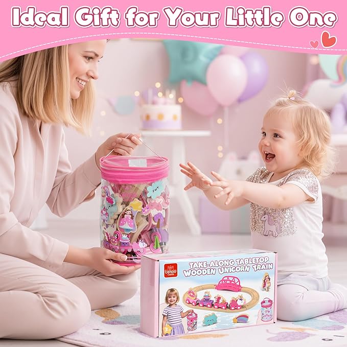 Lehoo Castle Wooden Train Set for Girls, Unicorn Train Set for Toddlers 2-4, Wooden Train Track with Storage Bag, Pink Train Fantasy Toys for 3 Year Old Girl Christmas Birthday Gifts