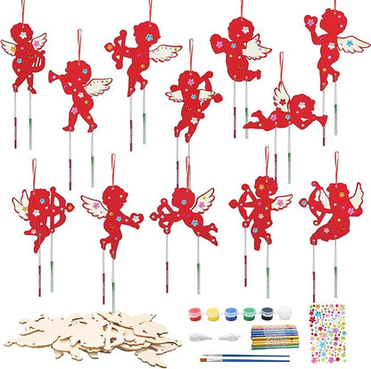 Fennoral 12 Pack Valentine's Day Wind Chime Kit for Kids Make You Own Valentines Day Hanging Wind Chimes DIY Coloring Wooden Ornaments for Kids Art and Craft Valentine's Day Gifts Party Decoration