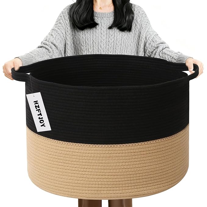90L Large Blanket Basket, 21.7"x 21.7"x 13.8" Rope Woven Storage Basket with Handles, Laundry Hamper for Toys, Clothes, Pillows & Towels, Perfect for Living Room, Nursery & Bedroom,Black&Camel