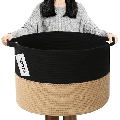 90L Large Blanket Basket, 21.7"x 21.7"x 13.8" Rope Woven Storage Basket with Handles, Laundry Hamper for Toys, Clothes, Pillows & Towels, Perfect for Living Room, Nursery & Bedroom,Black&Camel