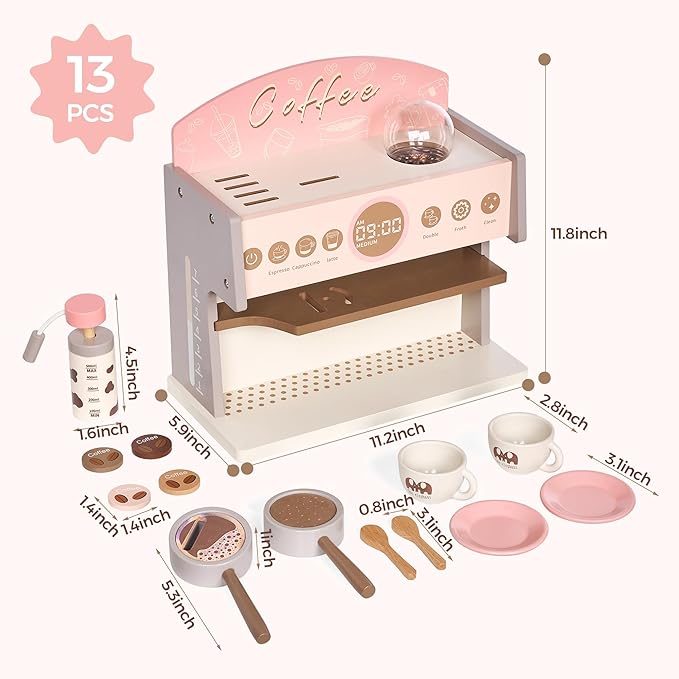 Coffee Maker Wooden Kitchen Toys for Kids, Toddler Coffee Playset, Pretend Coffee Maker for Girls & Boys