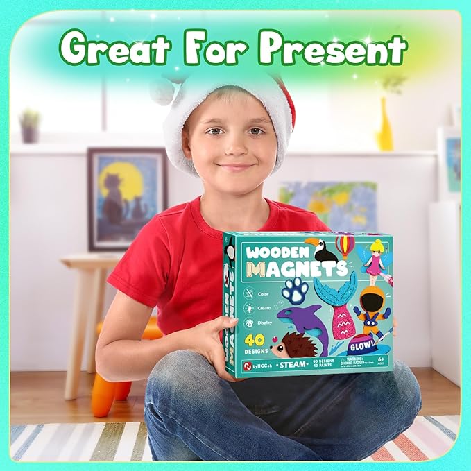 Byncceh DIY Wooden Magnets, 40 pcs Magic Magnetic Paint Set, Wood Arts and Crafts Painting Kit for Kids, Make Your Own Fridge Magnets Craft Kits Party Favors Gifts Toys for Girls Boys Ages 6-8 8-12