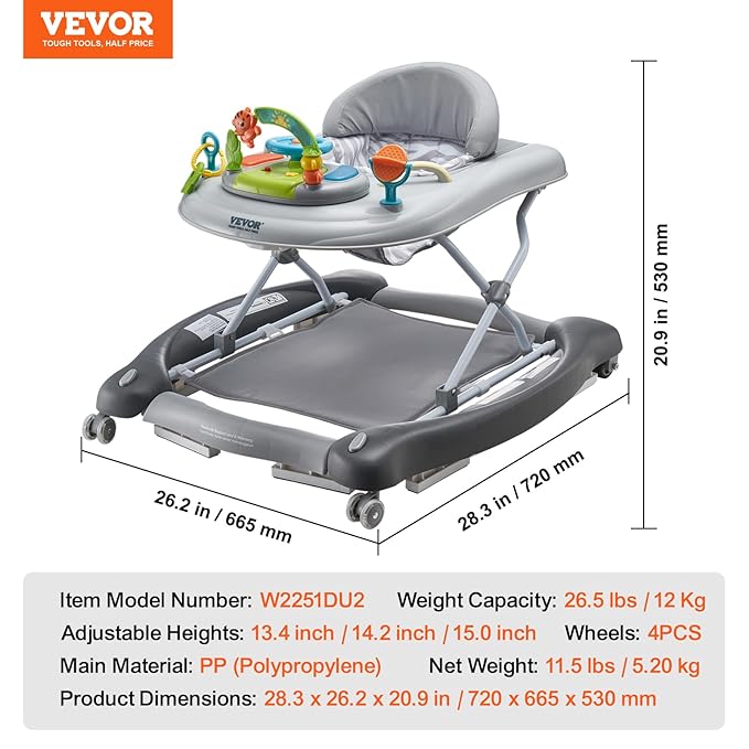 VEVOR 4-in-1 Baby Walker, Foldable Baby Activity Center with Wheels, 3 Adjustable Height, Music & Toys Tray, Learning-Seated | Walk-Behind | Rocker | Bouncer Toddler Walker for Boys Girls 6-24 Months