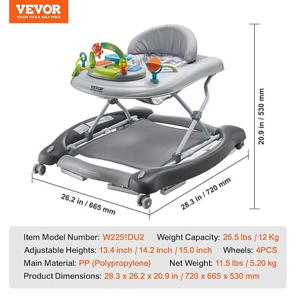 VEVOR 4-in-1 Baby Walker, Foldable Baby Activity Center with Wheels, 3 Adjustable Height, Music & Toys Tray, Learning-Seated | Walk-Behind | Rocker | Bouncer Toddler Walker for Boys Girls 6-24 Months