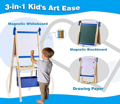 2-in-1 Double Sided Kid's Easel, Height-Adjustable Art Easel for Boys and Girls Ages 3-10, Including 100+ Accessories with Magnetic Chalkboard & Painting Board, Toddler Gifts