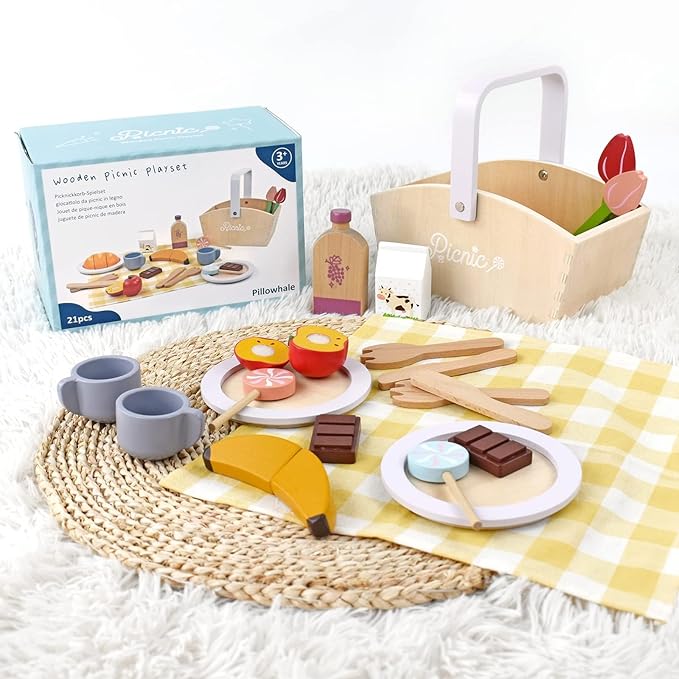 Play Food Sets for Kids Kitchen, Wooden Picnic Basket Playset Toy,Pretend Play Kitchen Food Toy with Cutting Fruits for Toddlers Girls Boys Ages 3+