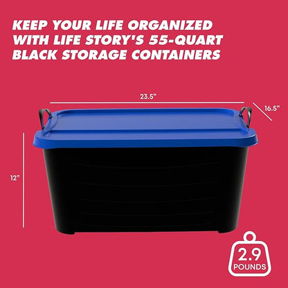 Life Story 6 Pack Heavy Duty Stackable Storage Bin, 55 Quart Home Organizer, Versatile Lightweight Locking Bins with Carrying Handles, Black/Blue