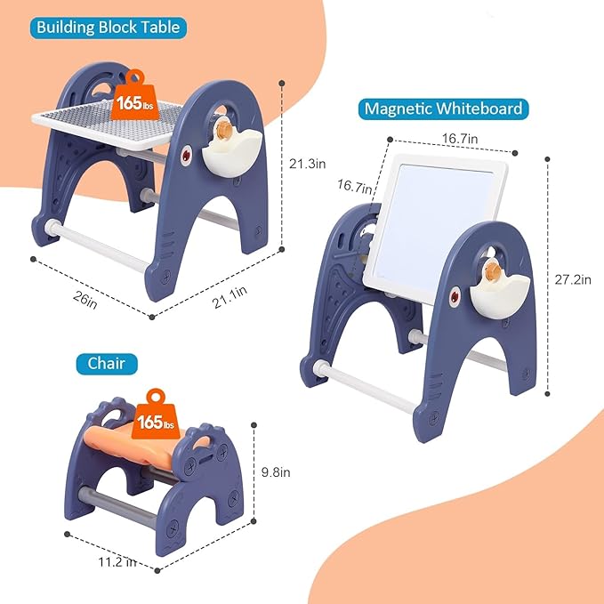 Easel for Kids, Art Easel with Magnetic Painting Board & Building Blocks, 2 in 1 Kids Table & Chair Set, Children Convertible Activity Table Set for Drawing Reading Art Playroom
