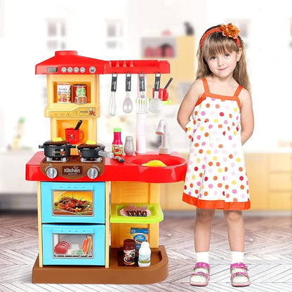 deAO Kitchen Playset Toy Pretend Food with Sounds and Lights Role Playing Game Pretend Food and Cooking Playset for Toddlers,Kitchen Toys for Boys Girls