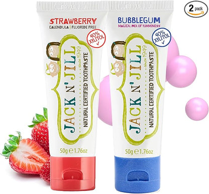Jack N' Jill Natural Toddler Toothpaste for Baby, Kids and Infants 6 Months & Up, Fluoride Free Training Toothpaste for Toddlers 1-3 (1.76 Fl Oz (Pack of 2), Strawberry & Bubblegum)