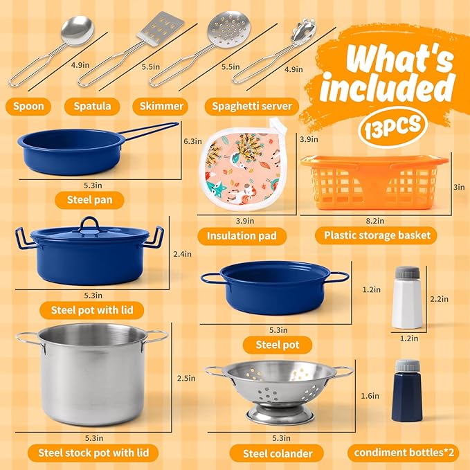 Kids Play Kitchen Toy Accessories Set Toddler Cooking Playset Colorful Stainless Steel Pots and Pans Birthday Gifts for 3+ Girls Boys (Blue)