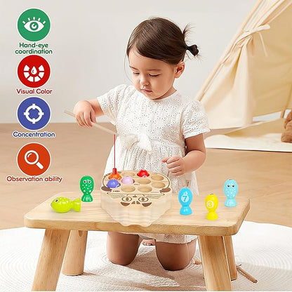 Wooden Magnetic Fishing Game for Toddlers 3+,Montessori Preschool Education Activities Learning Fine Motor Skills Color Sorting Magnet Fish Toys Easter Basket Stuffers Gift for Boys Girls