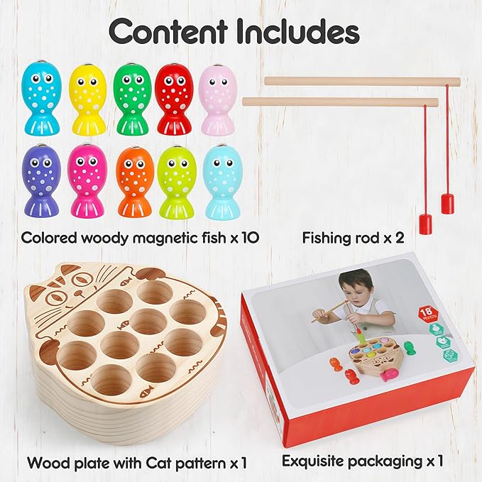 Wooden Magnetic Fishing Game for Toddlers 3+,Montessori Preschool Education Activities Learning Fine Motor Skills Color Sorting Magnet Fish Toys Easter Basket Stuffers Gift for Boys Girls
