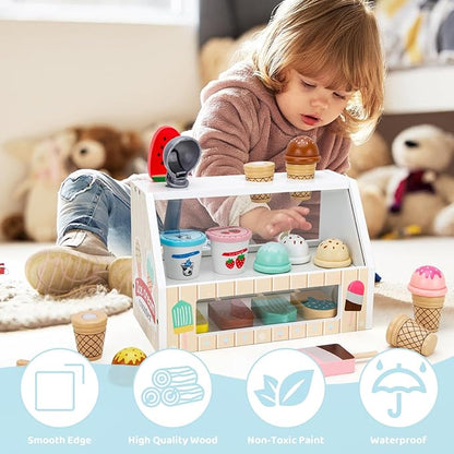 Wooden Ice Cream Toys for Kids Ice Cream Counter Shop for Toddlers Pretend Play Food Scoop and Serve with Scoop & Menu & Fake Money for Boys and Girls Ages 3 4 5 6.