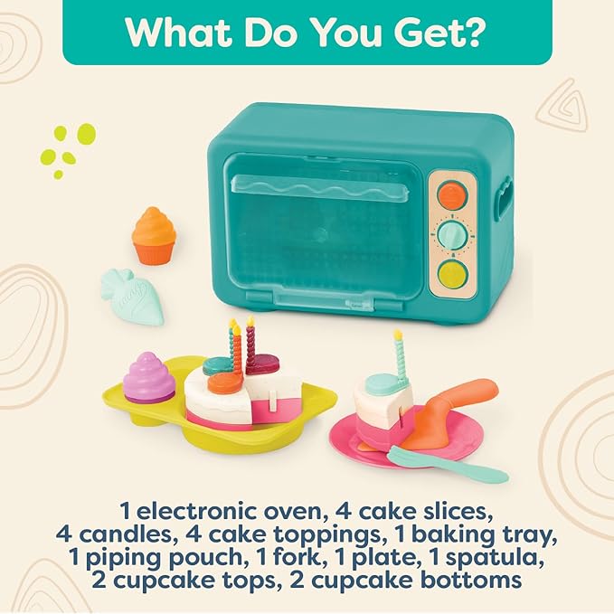 B. toys – Play Oven Set – 22-Piece Cake Baking Playset – Pretend Cupcake Decorating – Lights & Sounds – 3 Years + – Mini Chef - Bake-a-Cake Playset