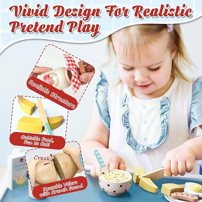 Lehoo Castle Play Food Sets for Kids Kitchen, Wooden Toys Play Kitchen Accessories, Fake Food Pretend Play for Toddlers 3-5, Realistic Food Playset Cutting Fruit Bread Egg Bag, 3 Year Old Girl Gift