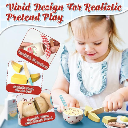 Lehoo Castle Play Food Sets for Kids Kitchen, Wooden Toys Play Kitchen Accessories, Fake Food Pretend Play for Toddlers 3-5, Realistic Food Playset Cutting Fruit Bread Egg Bag, 3 Year Old Girl Gift