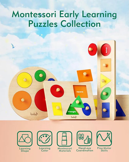 Boby Montessori Colorful Geometric Shapes Puzzle Board for Toddlers 1-3 Years | Wooden Knob Peg Baby Puzzles for 12-24 Months Early Learning Educational Toy