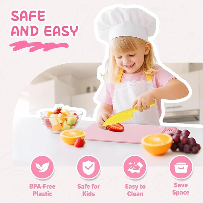 Kids Kitchen Knife Set for Real Cooking with Storage Box Pink, Montessori Kitchen Toy with Cutting Board, Plastic Toddler Knives, Peeler, Wooden Safe Knife for Age 3 4 5 6 7 8