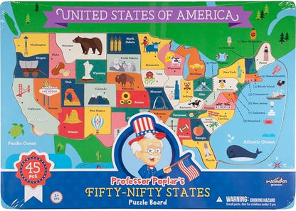 Imagination Generation USA States Chunky Puzzle Board - Learn All 50 States with Professor Poplar's Wooden Pegged Puzzles - Children's Educational Toys - USA States