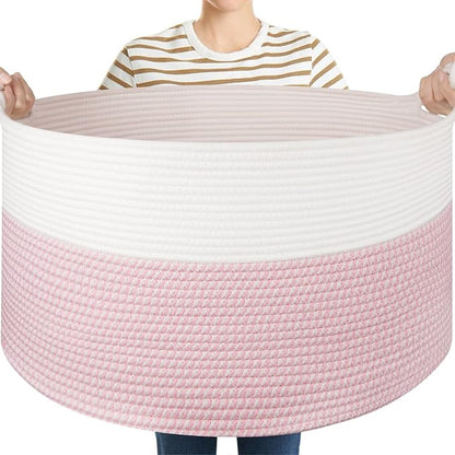 OIASKET Large Blanket Storage Basket for Living Room, 22.8" x 22.8" x 13" Woven Cotton Rope Basket with Handles, Baby Toy Storage, Laundry Hamper for Clothes, Pillows, Towels-Pink and White