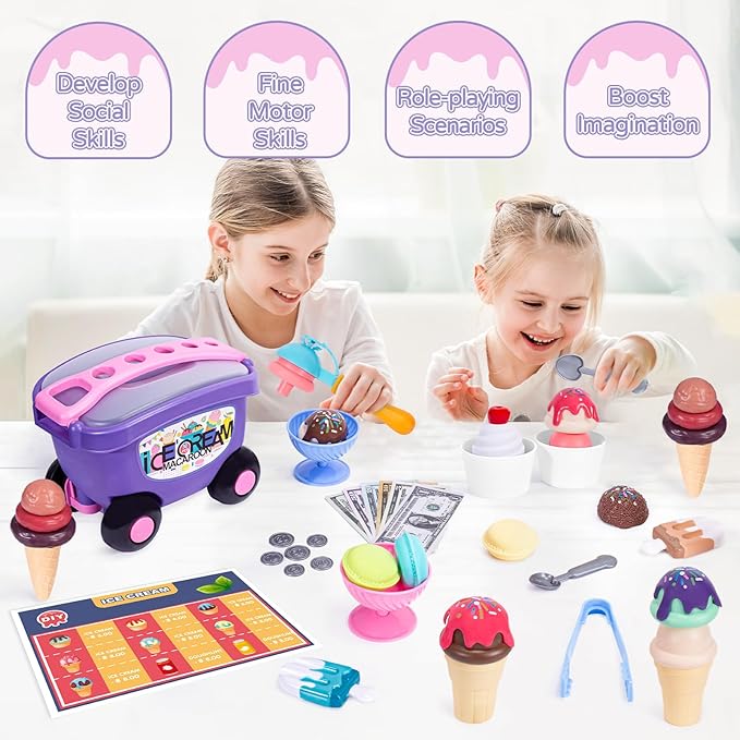 Ice Cream Cart Toys for Kids, 52 Pcs Ice Cream Shop Playset, Ice Cream Stand Food Toys for Toddlers 3-5，Pretend Play Grocery Store Set Toy for Ages 2-4-6, Girl or Boy Christmas Birthday Gifts