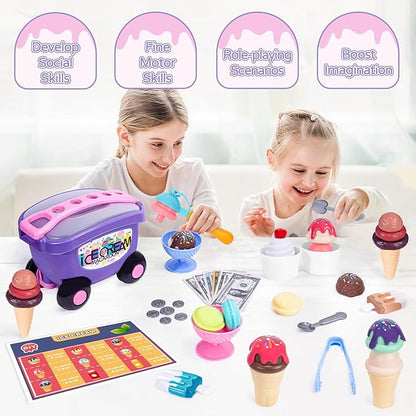 Ice Cream Cart Toys for Kids, 52 Pcs Ice Cream Shop Playset, Ice Cream Stand Food Toys for Toddlers 3-5，Pretend Play Grocery Store Set Toy for Ages 2-4-6, Girl or Boy Christmas Birthday Gifts
