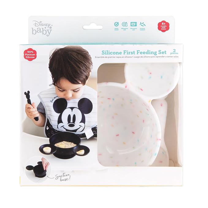 Bumkins Disney Baby Bowl, Silicone Feeding Set with Suction for Baby and Toddler, Includes Spoon, First Feeding Set, Essentials for Baby Led Weaning, Babies Eating 4 Months Up, Mickey Mouse Vanilla