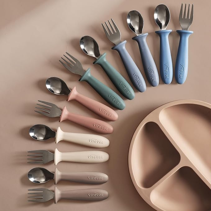 6 Pieces Toddler Utensils, Children Silverware Set with Silicone Handle, Kids Safe Spoons and Forks, Dishwasher Safe, 18/8 Stainless Steel, Food-grade Silicone，BPA Free - Tan