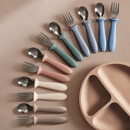 6 Pieces Toddler Utensils, Children Silverware Set with Silicone Handle, Kids Safe Spoons and Forks, Dishwasher Safe, 18/8 Stainless Steel, Food-grade Silicone，BPA Free - Tan