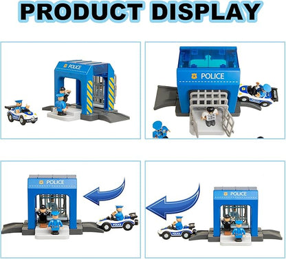 Police Station Playset Toy for Wooden Train Track,Creative City Police Scenes Pretend Play Toy Vehicles Train Accessory Preschool Learning Educational Toys for Toddlers Kids