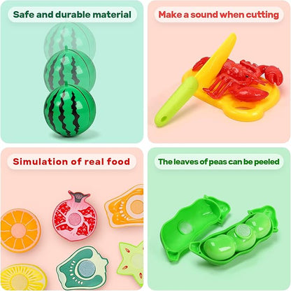 HOLYFUN 100 PCS Cutting Play Food Toy for Kids Kitchen, Pretend Fruit & Vegetables Accessories with Shopping Basket, Plastic Mini Dishes, Play Money, Perfect Educational Toy for Toddlers Boys & Girls