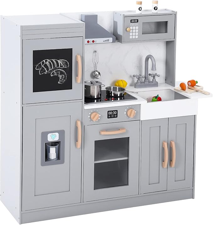 Play Kitchen for Kids, Wooden Play Kitchen with Toy Storage System, Toy Kitchen Set with Plenty of Play Features, Gift for Ages 3+,Grey