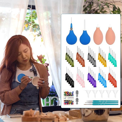 LAMPTOP 164 Pcs Clay Ceramic Decorative Tools, Pottery Tools Supplies Glaze Precision Applicator Set, Plastic Steel Needles with Adapter, Rubber Ceramic Glaze Extrusion Bottle and Funnels, Paintbrush