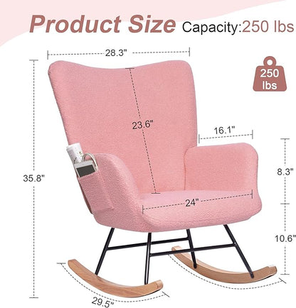 VECELO Rocking Chair Nursery Teddy Upholstered Glider Rocker with High Backrest, Padded Seat, Side Pocket, for LivingRoom, Bedroom, Baby Room