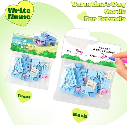 Valentines Day Gifts for Kids - 24 Pack Prefilled Animal Building Blocks with Valentine's Day Cards Sets for School Classroom Class Party Favor, Valentines Crafts Exchange for Boys Girls Teens