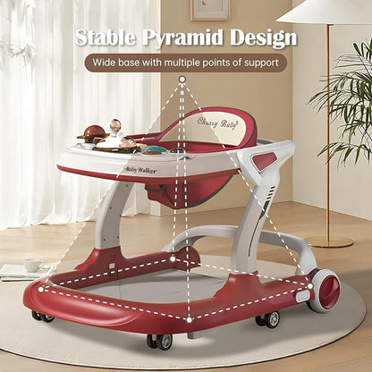 Baby Walker with Wheels Music and Lights with 9 Adjustable Heights Anti-Fall Baby Walker and Bouncer Combo for Boys Girls Babies 6-18 Months (Red and White)